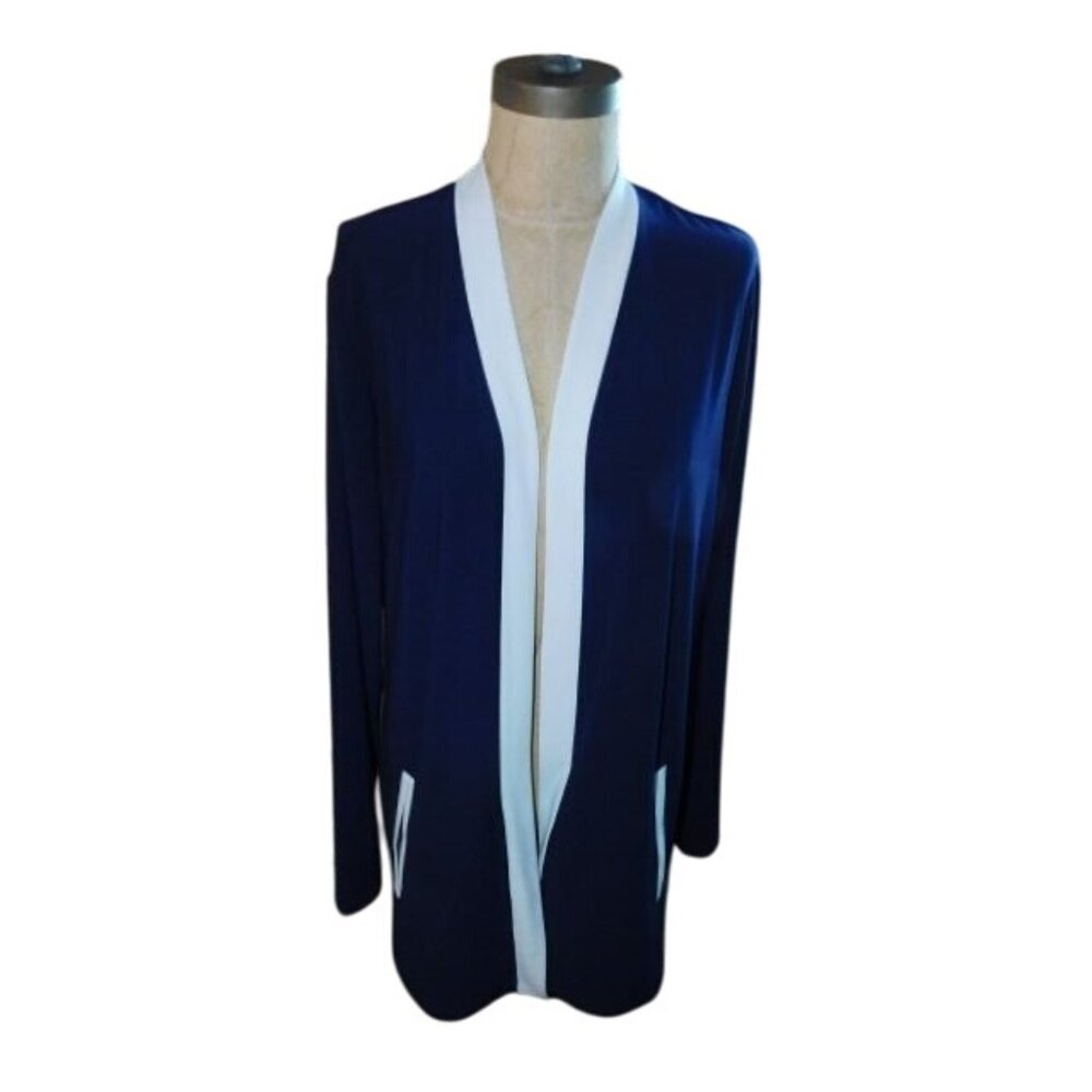 Susan Graver Size L Large Navy Blue White Slinky Stretchy Top